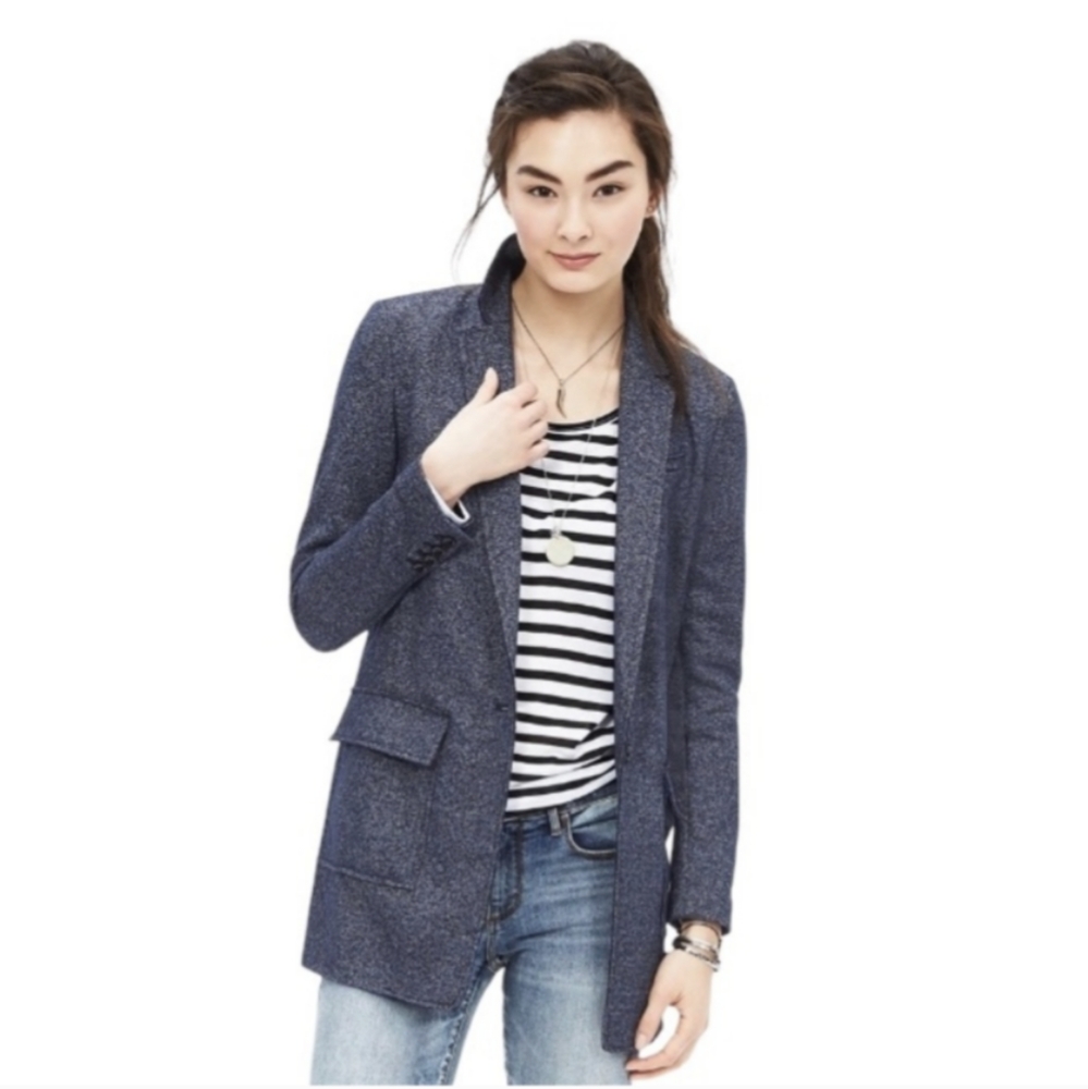 Banana Republic Women 2 Textured Knit Boyfriend Jacket Blazer Blue Wool Blend